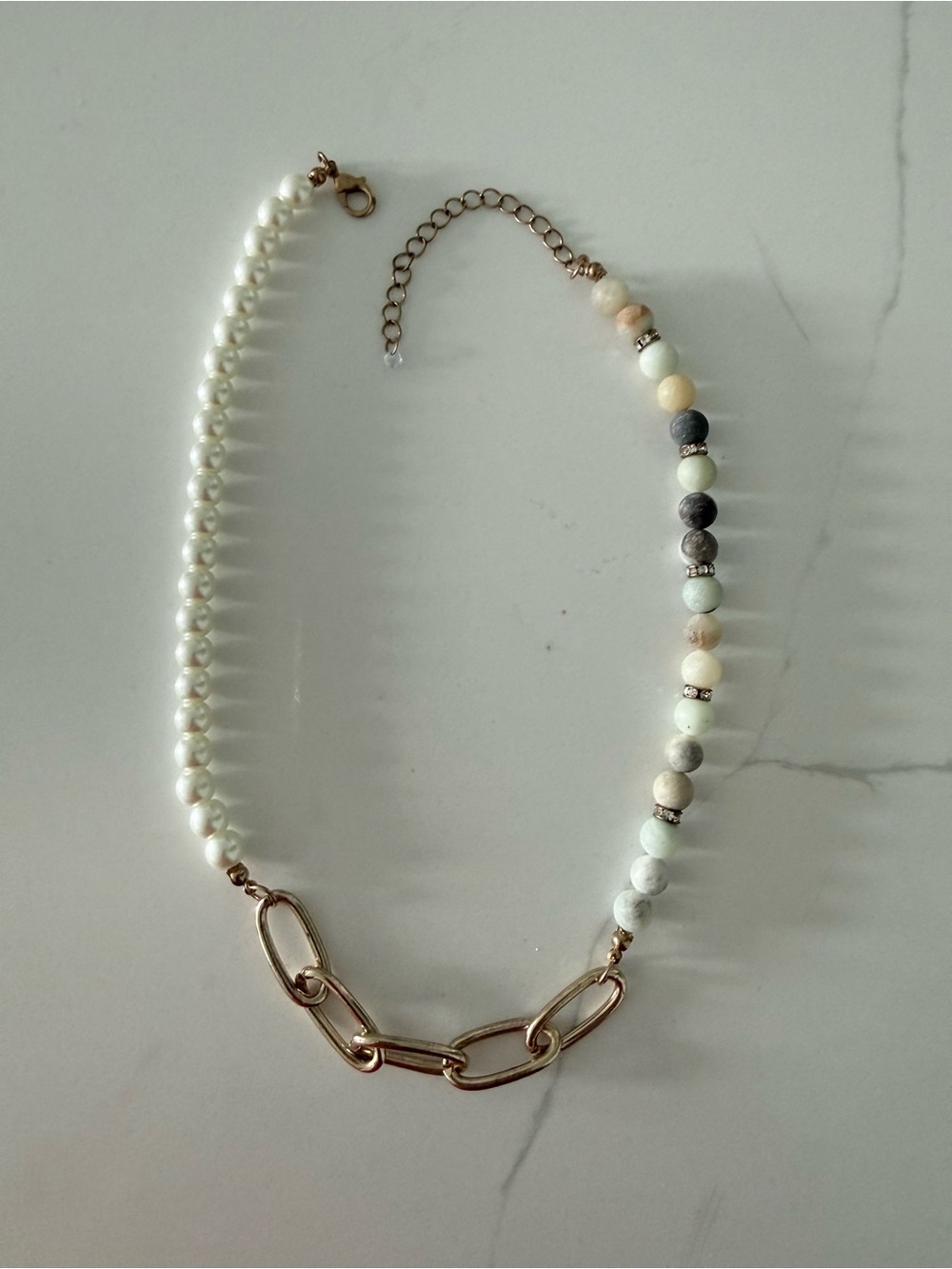 Mixed Pearl & Bead Link Necklace in Cream and Gold